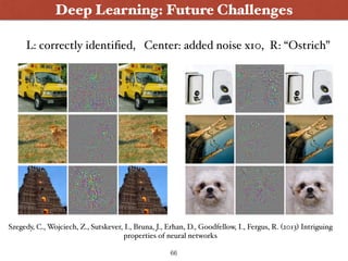 Deep Learning: Future Challenges
a
66
Szegedy, C., Wojciech, Z., Sutskever, I., Bruna, J., Erhan, D., Goodfellow, I., Fergus, R. (2013) Intriguing
properties of neural networks
L: correctly identiﬁed, Center: added noise x10, R: “Ostrich”
 