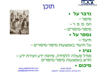תוכן נדבר על  סיפור המְסַפֵר סיפור - סיפורים נספר על תיעוד על תיעוד באמצעות סיפור - סיפורים נציג מודל פעולה ללמידה ,  פיתוח ידע ויצירת ידע חדש באמצעות סיפור - סיפורים סיכום www.yigalchamish.com yigal@yigalchamish.com  © יגאל חמיש ליווי מנהלים ,  ארגונים ועסקים  -   לתוצאות   