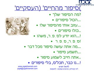 ' סיפור מהחיים ' ( העסקיים ) מה הסיפור שלך ? הכול סיפורים ... עזוב אותי מהסיפור שלו ... כולו סיפורים .. הוא יודע לסַפֵר ,  משהו !... סַפֵר ,  סַפֵר  ! מה אתה עושה סיפור מכל דבר ... תשמע סיפור ... אתה חייב לשמוע סיפור .. נו כבר ,  תכל ' ס ,  בלי סיפורים !... www.yigalchamish.com yigal@yigalchamish.com  © יגאל חמיש ליווי מנהלים ,  ארגונים ועסקים  -   לתוצאות   