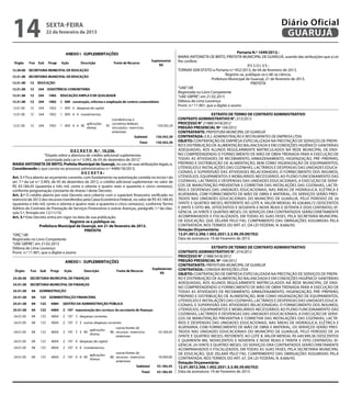 2




14                  sexta-feira
                    22 de fevereiro de 2013
                                                                                                                                                              Diário Oficial
                                                                                                                                                               GUARUJÁ
                                                                                                                                            Portaria N.º 1049/2013.-
                                                                                                     MARIA ANTONIETA DE BRITO, PREFEITA MUNICIPAL DE GUARUJÁ, usando das atribuições que a Lei
                                                                                                     lhe confere;
                                                                                                                                                  RESOLVE:
                                                                                                     TORNAR SEM EFEITO a Portaria n.º 952/2013, de 04 de fevereiro de 2013.
                                                                                                                                   Registre-se, publique-se e dê-se ciência.
                                                                                                                          Prefeitura Municipal de Guarujá, 21 de fevereiro de 2013.
                                                                                                                                                    PREFEITA
                                                                                                     “UAE”/dll
                                                                                                     Registrada no Livro Competente
                                                                                                     “UAE GBPRE”, em 21.02.2013
                                                                                                     Débora de Lima Lourenço
                                                                                                     Pront. n.º 11.901, que a digitei e assino

                                                                                                                         EXTRATO DE TERMO DE CONTRATO ADMINISTRATIVO
                                                                                                     CONTRATO ADMINISTRATIVO N°. 013/2013
                                                                                                     PROCESSO N° 21988/3418/2012
                                                                                                     PREGÃO PRESENCIAL Nº 104/2012
                                                                                                     CONTRATANTE: PREFEITURA MUNICIPAL DE GUARUJÁ
                                                                                                     CONTRATADA: e.r.j. administração e restaurantes de empresa ltda.
                                                                                                     OBJETO: contratação de empresa especializada na prestação de serviços de prepa-
                                                                                                     ro e distribuição de alimentação balanceada e em condições higiênico-sanitárias
                                      D E C R E T O N.º 10.236.                                      adequadas, aos alunos regularmente matriculados na rede municipal de ensi-
                      “Dispõe sobre a abertura de crédito adicional suplementar,                     no compreendendo o fornecimento de mão de obra treinada para a execução de
                       autorizada pela Lei n.º 3.993, de 05 de dezembro de 2012.”                    todas as atividades de recebimento, armazenamento, higienização, pré–preparo,
MARIA ANTONIETA DE BRITO, Prefeita Municipal de Guarujá, no uso de suas atribuições legais; e,       preparo e distribuição de alimentação, bem como higienização de equipamentos,
Considerando o que consta no processo administrativo n.º 4489/18/2013;                               utensílios e instalações das cozinhas, lactários e despensas das Unidades Educa-
                                              DECRETA:                                               cionais, e supervisão das atividades relacionadas; o fornecimento dos insumos,
Art. 1.º Fica aberto ao orçamento corrente, com fundamento na autorização contida no inciso I do     utensílios, equipamentos e mobiliários necessários ao pleno funcionamento das
art. 7.º da Lei n.º 3.993, de 05 de dezembro de 2012, o crédito adicional suplementar no valor de    cozinhas, lactários e despensas das Unidades Educacionais; a execução de servi-
R$ 43.184,45 (quarenta e três mil, cento e oitenta e quatro reais e quarenta e cinco centavos),      ços de manutenção preventiva e corretiva das instalações das cozinhas, lactá-
conforme programação constante do Anexo I deste Decreto.                                             rios e despensas das Unidades Educacionais, nas áreas de hidráulica, elétrica e
Art. 2.º O crédito aberto por este Decreto será coberto com o superávit financeiro verificado no     alvenaria, com fornecimento de mão de obra e material, Os serviços serão pres-
exercício de 2012 dos recursos transferidos pela Caixa Econômica Federal, no valor de R$ 43.184,45   tados nas unidades educacionais do município de Guarujá, pelo período de 24
                                                                                             2
(quarenta e três mil, cento e oitenta e quatro reais e quarenta e cinco centavos), conforme Termo    (vinte e quatro) meses; Referente ao lote A. Valor Mensal R$ 628.869,72 (seiscentos
Aditivo do Contrato de Prestação de Serviços Financeiros e outras Avenças, parágrafo 1.º da cláu-    e vinte e oito mil oitocentos e sessenta e nove reais e setenta e dois centavos); Vi-
sula 5.ª, firmado em 12/11/10.                                                                       gência: 24 (vinte e quatro) meses. Os serviços ora contratados serão diretamente
Art. 3.º Este Decreto entra em vigor na data de sua publicação.                                      acompanhados e fiscalizados, em todas as suas fases, pela Secretaria mUNICIPAL
                                      Registre-se e publique-se.                                     DE eDUCAÇÃO, que zelará pelo fiel cumprimento das obrigações assumidas pela
                   Prefeitura Municipal de Guarujá, em 21 de fevereiro de 2013.                      CONTRATADA, nos termos do art. 67, da Lei Federal n. 8.666/93.
                                                PREFEITA                                             Dotação Orçamentária:
“ORÇ”/dll                                                                                            12.01.0012.306.1.002.2031.3.3.90.39.00(702)
Registrado no Livro Competente                                                                       Data da assinatura: 19 de Fevereiro de 2013.
“UAE GBPRE”, em 21.02.2013
Débora de Lima Lourenço                                                                                                   EXTRATO DE TERMO DE CONTRATO ADMINISTRATIVO
Pront. n.º 11.901, que o digitei e assino                                                            CONTRATO ADMINISTRATIVO N°. 014/2013
                                                                                                     PROCESSO N° 21988/3418/2012
                                                                                                     PREGÃO PRESENCIAL Nº 104/2012
                                                                                                     CONTRATANTE: PREFEITURA MUNICIPAL DE GUARUJÁ
                                                                                                     CONTRATADA: CONVIDA REFEIÇÕES LTDA.
                                                                                                     OBJETO: contratação de empresa especializada na prestação de serviços de prepa-
                                                                                                     ro e distribuição de alimentação balanceada e em condições higiênico-sanitárias
                                                                                                     adequadas, aos alunos regularmente matriculados na rede municipal de ensi-
                                                                                                     no compreendendo o fornecimento de mão de obra treinada para a execução de
                                                                                                     todas as atividades de recebimento, armazenamento, higienização, pré–preparo,
                                                                                                     preparo e distribuição de alimentação, bem como higienização de equipamentos,
                                                                                                     utensílios e instalações das cozinhas, lactários e despensas das Unidades Educa-
                                                                                                     cionais, e supervisão das atividades relacionadas; o fornecimento dos insumos,
                                                                                                     utensílios, equipamentos e mobiliários necessários ao pleno funcionamento das
                                                                                                     cozinhas, lactários e despensas das Unidades Educacionais; a execução de servi-
                                                                                                     ços de manutenção preventiva e corretiva das instalações das cozinhas, lactá-
                                                                                                     rios e despensas das Unidades Educacionais, nas áreas de hidráulica, elétrica e
                                                                                                     alvenaria, com fornecimento de mão de obra e material, Os serviços serão pres-
                                                                                                     tados nas unidades educacionais do município de Guarujá, pelo período de 24
                                                                                                     (vinte e quatro) meses; Referente ao lote B. Valor Mensal R$ 640.999,38 (seiscentos
                                                                                                     e quarenta mil novecentos e noventa e nove reais e trinta e oito centavos); Vi-
                                                                                                     gência: 24 (vinte e quatro) meses. Os serviços ora contratados serão diretamente
                                                                                                     acompanhados e fiscalizados, em todas as suas fases, pela Secretaria mUNICIPAL
                                                                                                     DE eDUCAÇÃO, que zelará pelo fiel cumprimento das obrigações assumidas pela
                                                                                                     CONTRATADA, nos termos do art. 67, da Lei Federal n. 8.666/93.
                                                                                                     Dotação Orçamentária:
                                                                                                     12.01.0012.306.1.002.2031.3.3.90.39.00(702)
                                                                                                     Data da assinatura: 19 de Fevereiro de 2013.
 