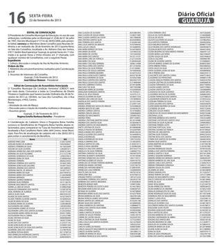 16                   sexta-feira
                     22 de fevereiro de 2013
                                                                                                                                                       Diário Oficial
                                                                                                                                                        GUARUJÁ
                    EDITAL DE CONVOCAÇÃO                              ANA CLAUDIA DE OLIVEIRA                20353881893   CATIA FERREIRA CRUZ                      16475282600
O Presidente do Conselho Municipal de Educação, no uso de suas        ANA CLAUDIA DE SOUZA VIEIRA            13180571895   CECILIA DA COSTA BIBIANO                 12166300660
atribuições, conferidas pela Lei Municipal nº 2546 de 07 de julho     ANA CLAUDIA SANTOS DA COSTA            16017868269   CECILIA DE SOUTO                         16643670595
                                                                      ANA CRISTINA SANTOS SILVA              20335609850   CELESTE ELEUTERIO DE SOUZA               12378824922
de 1997, Decreto Municipal nº 5714, de 28/03/2000, pelo presen-       ANA FERREIRA DOS SANTOS                21202081640   CELIA BATISTA FERREIRA                   16649029956
te Edital, convoca os Membros deste Conselho para Reunião Or-         ANA LUCIA SANTOS DE ARAUJO             16167046450   CELIA MAURICIO RAPOSO                    20098777259
dinária a ser realizada dia 28 de fevereiro de 2013 (quinta-feira),   ANA LUCILIA CARLOS                     16143689505   CELIA REGINA DOS SANTOS RODRIGUES        16649030679
na Sala dos Conselhos, localizada a Av. Adriano Dias dos Santos,      ANA MARIA BORGES DA SILVA              16164760659   CELIDALVA BISPO DOS SANTOS               16644516042
nº611 Jardim Boa Esperança/ Guarujá, às quinze horas em 1ª cha-       ANA MARIA DA NOVA                      12374833536   CICERA BEZERRA DO NASCIMENTO PEREIRA     16665971237
                                                                      ANA MARIA DE CASTRO                    12515302930   CICERA MARIA LUIZ VIANA                  16621446447
mada e às quinze horas e trinta minutos em 2ª chamada, com
                                                                      ANA MARIA DOS SANTOS                   16155114197   CICERA SOUZA DA SILVA                    16561944624
qualquer número de Conselheiros, com a seguinte Pauta:                ANA MARIA LIMA DA FONSECA              21221524358   CIDALIA GALDINO                          10609687481
Expediente                                                            ANA MARLY DA SILVA                     21209365628   CILENE DE OLIVEIRA SANTOS                13103898451
1. Leitura, discussão e votação da Ata da Reunião Anterior;.          ANA MARLY DOS REIS FERREIRA            16096114408   CINTHYA BARROS SOARES DE OLIVEIRA        20489353007
Ordem do Dia                                                          ANA PAULA AIRES DOS SANTOS             20112702036   CINTIA RIBEIRO FARIAS                    20655860562
1. Relatório dos encaminhamentos realizados pela Coordenação          ANA PAULA DA SILVA PEREIRA             21231369061   CINTIA SALES DA SILVA                    16672652079
                                                                      ANA PAULA DE SOUZA SANTANA             16143693626   CINTIA SILVEIRA LOURA DA SILVA           16569840836
da EJA                                                                ANA PAULA FERREIRA BEZERRA             16164755353   CIRCA PEREIRA DIAS                       16662354113
2. Assuntos de interesses do Conselho.                                ANA PAULA GONCALVES CAMPOS             20352738108   CLAUCINETE DOS SANTOS CUNHA              16467510632
                 Guarujá, 21de fevereiro de 2013.                     ANA PAULA MOREIRA DA SILVA             16163627068   CLAUDENES DO PATROCINIO                  16468015198
                 José Edmur Boteon - Presidente                       ANA PAULA SANTOS DOS SANTOS            20635657370   CLAUDIA ARAUJO PEREIRA DOS SANTOS        16463532704
                                                                      ANA PAULA SOUSA DOS SANTOS             21214800469   CLAUDIA CRISTINA DE OLIVEIRA BORGES      16485668536
                                                                      ANA RITA SOBRINHO FONTES               20109166986   CLAUDIA FERNANDES DA SILVA               20637760004
       Edital de Convocação de Assembleia Antecipada
                                                                      ANA SUELY DA SILVA                     16017093488   CLAUDIA GOMES SANTOS                     16447378062
O “Conselho Municipal Da Condição Feminina” (CMDCF) vem               ANADILMA VIEIRA DE OLIVEIRA            16163009569   CLAUDIA SANTOS DA SILVA                  13050684894
por meio deste, Comunicar a todas as Conselheiras de Direito          ANAGLEIDE NUNESDOS SANTOS              16170350211   CLAUDICEA DA SILVA LUDOVICE              16458120916
Titulares e Suplentes que haverá reunião Ordinária dia 26 de Fe-      ANALIA DE JESUS PAIXAO                 16167912131   CLAUDINEIA ROCHA DE OLIVEIRA             16468022003
vereiro de 2013 as 10h30m, na Casa dos Conselhos, sito à Rua          ANALICE OLIVEIRA DA SILVA              16166471018   CLAUDIO FRANCISCO DOS SANTOS             12237486524
Montenegro, nº455, Centro.                                            ANANIAS SAO JOAO DA SILVA              17019090034   CLAUDIONOR DONIZETE DA SILVA             12105553232
                                                                      ANATALIA DOS SANTOS PEREIRA            16153313443   CLEDILMA PEREIRA DA SILVA                16197754321
Pauta:                                                                ANDRE DURAN                            21229471245   CLEIDE GALDINO DOS SANTOS                16465595878
• Atividade do mês de Março;                                          ANDREA APARECIDA SOUSA DE ARAUJO       16162486630   CLEIDE MARIA BEZERRA DA SILVA            16393705109
• Discussão para a criação da medalha mulheres e destaques;           ANDREA BATISTA DE LIMA                 16164540276   CLICINEIDE DA SILVA                      16501752656
• Assuntos gerais:                                                    ANDREA CORREIA SANTOS                  16147046803   CONCEIAO SOUZA RAMOS                     16495332492
                Guarujá, 21 de Fevereiro de 2013.                     ANDREA CREUZA ARAUJO                   13696966850   CONCEICAO DE SOUZA RAMOS DO NASCIMENTO   16393724286
                                                                      ANDREA DO NASCIMENTO                   12938927853   CRISTIANA LUCAS                          16475979903
          Regina Estella Barbosa Botelho - Presidente                 ANDREA PERES                           20971348051   CRISTIANE BARBOSA DOS SANTOS             13053532890
                                                                      ANDREIA CRISTIANE MARTINS VIANA        20120149480   CRISTIANE CASTOR DOS SANTOS CRUZ         16463552659
A Coordenação do Cadastro Único e Programa Bolsa Família,             ANDREIA DOS SANTOS SILVA               16166440619   CRISTIANE DA SILVA ALENCAR               12999438852
convoca os beneficiários do Programa Bolsa Família abaixo re-         ANDREIA SANTOS DO NASCIMENTO           12469819743   CRISTIANE PEREIRA JUSTO                  16467519117
lacionados, para comparecer na “Casa de Assistência Integrada”,       ANETE CRISTINA DE SOUZA                20109848580   CRISTIANE PORTUGAL SILVA                 16464556941
localizada a Rua Cavalheiro Nami Jafet, 669 Centro, neste Muni-       ANGELA FRAZAO DE MORAES                16162497845   CRISTINA CEZARIO DE FRANCA               20107784267
                                                                      ANGELA MARIA DOS SANTOS                20940183220   CRISTINA DE LIMA BATISTA                 12465328559
cípio. Para fins de atualização de cadastro até o dia 28/02/2013,     ANGELA OLIVEIRA DOS SANTOS             16164909016   CRISTINA SILVA TEIXEIRA                  20945232424
para evitar o cancelamento do Beneficio.	                             ANGELA RODRIGUES                       16169685582   CRISTINE ROSA DOS SANTOS                 16445053816
                        Nome                            NIS           ANGELA RODRIGUES DA SILVA              12957332932   CYNIRA DOS SANTOS DE OLIVEIRA            16646016934
ADEIDES PIRES LIMA                                  21205153049       ANGELA SAMPAIO DIAS                    13138520935   DAIANA SILVA SANTOS                      16166051639
ADELMO NUNES DE ALMEIDA                             10425404657       ANGELA SANTOS DE LIMA                  21203072513   DAINA MARTINS DE OLIVEIRA                21207760198
ADENICE FERREIRA DA SILVA                           16118453609       ANGELA VIANA AMORIM                    21205883268   DAISY FERREIRA                           21207057985
ADILMA DA SILVA OLIVEIRA                            12363847611       ANGELICA CRUZ DOS SANTOS               20373327719   DALVINA RODRIGUES SOUZA                  10740105350
ADRIANA APARECIDA LIMA DOS SANTOS                   20387412365       ANGELICA DA SILVA FERREIRA             12485827755   DANIELA DOS SANTOS FERREIRA              13017484776
ADRIANA DA SILVA FELISBINO                          21217272196       ANTONIA CARDOSO DA SILVA               16024473479   DANIELA SANTOS E SILVA                   20372412836
ADRIANA DOMINGOS DA SILVA                           12590376814       ANTONIA SILVANETE HONORATO             16144140590   DANIELE SIQUEIRA MARINHO                 16017912861
ADRIANA DONA DA SILVA                               21200002034       ANTONIO APARECIDO DA COSTA             12021729151   DEBORA APARECIDA MENEZES SANTOS          16096305297
ADRIANA FERREIRA                                    20636224435       ANTONIO EUZEBIO DE SOUZA               10264165702   DEBORA BARBOSA DE LIRA SILVA             21219565484
ADRIANA FERREIRA DOS SANTOS                         16166413905       APARECIDA DE FATIMA FERREIRA MOREIRA   21020085896   DEBORA CARLA DOS SANTOS                  21204027619
ADRIANA GONCALVES GALDINO                           16169773422       APARECIDA MARIA CAETANO                12525182733   DEBORA FERNANDA GONZAGA                  12465311435
ADRIANA JANAINA DOS SANTOS                          16012689501       APARECIDO ANTONIO BENETTI              21208550391   DEBORA SOUSA DA COSTA                    21206485843
ADRIANA MACIEL DE ARAUJO                            16169772477       APARECIDO JOSE FERREIRA                12438464943   DEJANIRA DE SENA                         16106338699
ADRIANA MARIA DA SILVA                              20377878752       ARLETE DIAS DA SILVA                   16079318742   DENISE EVANGELISTA                       16115267677
ADRIANA MARIA DOS SANTOS                            21226596098       ARNALDINA REIS                         16167936723   DENISE PEREIRA DA SILVA                  12915772896
ADRIANA MIRANDA                                     12402409497       ATAIANE PORTES CUSTODIO                12815572224   DENIZE DO NASCIMENTO COSTA               21008377661
ADRIANA QUEIROZ BARBOSA                             16164726655       AUDEMIRIO FERREIRA DOS SANTOS          16024532149   DIACIS CARDOSO DE OLIVEIRA               16168138685
ADRIANA SILVA FERREIRA                              16151166745       BARBARA DOS SANTOS MEDEIROS            21203928639   DIANE DA SILVA                           12432786167
ADRIANE NASCIMENTO SANTOS                           21200233192       BENEDITA BORGES NERI                   12498732081   DIANY ROSA MARIA                         21223184759
ADRIELLA LIMA DE SOUZA                              21208824580       BENEDITA PEREIRA DA COSTA FLAVIO       16144218832   DILMA APARECIDA FREITAS                  16009246432
AGNALDO FERNANDES DOS SANTOS                        12228728758       BENJAMIN MARCELINO DA SILVA            10386587547   DILMA BARBOSA DE AMORIM                  16166521694
AIDIL MOREIRA DE ALMEIDA                            16165731539       BETANIA DE OLIVEIRA                    16169708094   DINALVA EVANGELISTA DE LIMA              10677531475
AKECIA ALVES SILVA                                  20653554103       BRANDINA MARIA ALVES DOS SANTOS        16162379028   DIONE RODRIGUES SILVA DE ASSIS           20110573646
ALAIDE DA SILVA SANTOS                              16162750079       BRUNA BARBOSA DA SILVA                 16025941646   DOMINGAS REIS DO NASCIMENTO              16168167685
ALAIDE PEREIRA OLIVEIRA SANTOS                      16166903430       BRUNA PATRICIA GOMES SEPULVEDA         13086959893   DORACY LOPES FELIX                       12222596116
ALDECIR VIEIRA DA SILVA                             12367109232       BRUNA SANTOS DE CARVALHO               16162581196   DORALICE DOS SANTOS                      16017286154
ALDENIZE MARIA DE OLIVEIRA                          12200386038       BRUNO SILVA DOS SANTOS                 16160840585   DOUGLAS OLIVEIRA CAJE                    16168176072
ALESSANDRA DEE GOMES                                12834932850       CAMILA BARBOSA DE SANTANA              13288868775   DULCINEIDE MARIA DOS SANTOS OLIVEIRA     16145788721
ALESSANDRA GOMES DE SOUZA                           21207355374       CAMILA DOS SANTOS SILVA VIEIRA         16330669555   EDGLEUMA ALVES FELIPE                    16155038334
ALEXANDRA LOPES DOS SANTOS OLIVEIRA                 21225229563       CAMILA PORFIRIO                        16328302666   EDIJANIA GONCALVES NERES                 16164326134
ALEXANDRA MARIA VIEIRA DA SILVA                     20345176965       CAMILA SANTOS DE SOUZA                 16466761798   EDILA SANTOS DE JESUS                    20112703237
ALEXSANDRA PAULA CABRAL                             21225227986       CARINA DE SOUZA PEREIRA                13446139779   EDILENA BARBOSA DA COSTA                 21202306308
ALINE CRISTINA DA SILVA                             20066966064       CARINE DE CASTRO SOUZA                 16324297293   EDILENE CANTANHEDE DE ABREU              21216074552
ALINE DA SILVA                                      16026753584       CARLA CRISTINA DA SILVA TEIXEIRA       12775225855   EDILENE DOS SANTOS REIS                  16026140140
ALINE DIAS DOS SANTOS                               21225231142       CARLA JESUS DOS SANTOS OLIVEIRA        16212276820   EDILENE MEDEIROS DE LIMA                 21212649771
ALINE GONCALVES DA SILVA                            21030031020       CARLA MUNIZ                            12002525597   EDILEUZA DE OLIVEIRA SOUZA               16158824101
ALINE GONCALVES DA SILVA DOS SANTOS                 16166940166       CARLITO SORES DA PAIXAO                16468705887   EDINALVA MARIA DA SILVA                  20120148484
ALMIRENE LIMA DOS SANTOS                            21218979536       CARLOS AUGUSTO NASCIMENTO DE ANDRADE   12443290117   EDJANE ALINE DA SILVA                    20121889895
ALZIRENE FEITOSA BISPO                              20112700718       CARLOS OLIVEIRA SANTOS                 12072883174   EDNA DA SILVA                            16007979173
ANA APARECIDA RODRIGUES SANTOS                      12539675273       CARMELITA MARIA DE JESUS               16463505286   EDNA DE JESUS RODRIGUES                  12422787160
ANA CAROLINA MATEUS DA COSTA                        20485940870       CATARINA FRANCISCA DOS SANTOS          12253264808   EDNA DOS SANTOS ANDRADE                  16170373998
 