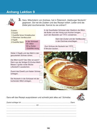 Anhang Lektion 9
3. Sara, Mitschülerin von Andreas, hat in Österreich „Salzburger Nockerln“
gegessen. Sie hat die Zutaten und das Rezept notiert. Leider sind die
Zettel jetzt durcheinander. Kannst du sie ordnen?
Zutaten:
3 Eiweiß
1 Esslöffel feiner Kristallzucker
1 Päckchen Vanillezucker
2 Eigelb
2 Esslöffel Mehl
In der feuerfesten Schüssel oder Glasform die Milch,
die Butter und den Honig zum Kochen bringen;
auch den Backofen auf 175
o
C vorwärmen.
Dann den Zucker und den Vanillezucker
in den Eischnee einschlagen.
Zum Schluss die Nockerln bei 175
o
C
6 Minuten backen.
Weiter 2 Eigelb und das Mehl in den
gezuckerten Schnee rühren.
Die Nockerln in die Schüssel mit der
kochenden Milch einlegen.
Zuerst das Eiweiß zum festen Schnee
schlagen.
Die Milch kocht? Der Ofen ist warm?
Dann aus der fertigen Ei-Zucker-Mehl-
Masse 3 große runde Stücke
(„Nockerln“) ausstechen.
In der Schüssel:
1/8 l Milch
100 gr Butter
1 Esslöffel Honig
Sara will das Rezept ausprobieren und schreibt jetzt alles auf. Schreibe:
Zuerst schlage ich .................................................................................................... Dann
............................................................ ich ............................................................................
...............................................................................................................................................
...............................................................................................................................................
...............................................................................................................................................
...............................................................................................................................................
1
100
22-0248-01
22-0248-01
 