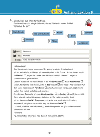Anhang Lektion 9
Hackfleisch
1
Metzgerei
die Einkaufstüte
Kiosk
T-Shirt
Schrank
Tomaten
Abitur
4. Eine E-Mail aus Wien für Andreas.
Ferdinand benutzt einige österreichische Wörter in seiner E-Mail.
Verstehst du sie?
2
4
6
3
5
8
7
Hallo Andreas!
Seid ihr gut nach Hause gekommen? Es war so schön im Schullandheim!
Ich bin auch wieder zu Hause. Ich habe viel Arbeit in der Schule. „In drei Jahren macht
ihr Matura!“ , sagen die Lehrer, „und ihr macht nichts?“ „Na und?“, sage ich.
Zu Hause ist es ganz verrückt:
Gestern musste ich für meine Mutter in der Fleischhauerei 1 Kilo Faschiertes
kaufen. Ich komme nach Hause, sehe in das Sackerl und habe 1 Kilo Schnitzel! Auf
dem Markt habe ich auch Paradeiser gekauft, die waren viel zu grün, sagte meine
Mutter. Also zurück und alles noch einmal...
Am nächsten Tag suche ich mein Lieblingsleiberl im Kasten und finde es nicht.
Dann sehe ich meine Schwester - sie hat es an! Da hatten wir richtig Streit!
Ich bin dann zum Trafik gegangen und wollte eine Musikzeitschrift kaufen -
ausverkauft, die gibt es heute nicht, sagt der Mann am Trafik .
Du siehst, ich habe viele Probleme ;-) Aber sonst geht es mir gut! Schreib mir mal!
Viele Grüße an alle!
Ferdinand
PS. Verstehst du alles? Das hast du doch hier gelernt, oder?!?
Ferdinand
Andreas
Hallo aus Schwechat!
101
22-0248-01
22-0248-01
 