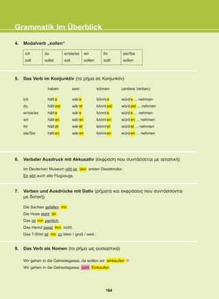 4. Modalverb „sollen“
5. Das Verb im Konjunktiv (ôï ñÞìá óå Konjunktiv)
8. Das Verb als Nomen (ôï ñÞìá ùò ïõóéáóôéêü)
Grammatik im Überblick
ich
soll
du
sollst
er/sie/es
soll
wir
sollen
ihr
sollt
sie/Sie
sollen
Wir gehen in die Getreidegasse, da wollen wir einkaufen
Wir gehen in die Getreidegasse zum Einkaufen
ich
du
er/sie/es
wir
ihr
sie/Sie
haben
hätt e
hätt est
hätt e
hätt en
hätt et
hätt en
sein
wär e
wär st
wär e
wär en
wär et
wär en
können
könnt e
könnt est
könnt e
könnt en
könnt et
könnt en
(andere Verben)
würd e ... nehmen
würd est ... nehmen
würd e ... nehmen
würd en ... nehmen
würd et ... nehmen
würd en ... nehmen
6. Verbaler Ausdruck mit Akkusativ (Ýêöñáóç ðïõ óõíôÜóóåôáé ìå áéôéáôéêÞ)
Im Deutschen Museum gibt es den ersten Dieselmotor.
Es gibt auch alte Flugzeuge.
7. Verben und Ausdrücke mit Dativ (ñÞìáôá êáé åêöñÜóåéò ðïõ óõíôÜóóïíôáé
ìå äïôéêÞ)
Die Sachen gefallen mir.
Die Hose steht dir.
Das ist mir peinlich.
Das Hemd passt ihm nicht.
Das T-Shirt ist mir zu klein / groß / weit...
104
22-0248-01
22-0248-01
 