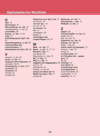 Alphabetische Wortliste
116
22-0248-01
22-0248-01
U
über, 16
übermorgen, 19
Übernachtung, -en / die, 70
Umkleidekabine, -n / die, 32
umschalten, 56
Umzug, e / der, 13, 28
unter, 17
Unterbringung (nur Sg.!) / die,
70
Unterhaltungsshow, -s / die, 56
unterschreiben (hat
unterschrieben), 71
Unterwäsche (nur Sg.!) / die, 38
V
Variante, -n / die, 38
Verein, -e / der, 63
vergessen (hat vergessen), 56
verkaufen, 22-29
Verkaufspreis, -e / der, 30-31
vermissen, 18
verpassen, 64
verrückt, 22
verteilen, 64
Vollpension (nur Sg.!) / die, 70
von da aus, 79
von hier aus, 19
von mir, 17, 18
vor Kurzem, 32
vor, 14
vorbeigehen, 36
vorne, 15
vorschlagen (hat
vorgeschlagen), 60, 79
W
Wald, er / der, 74
Wand, e / die, 16, 17, 18
Wandern / das, 71
was Neues, 63
Wasserspiel, -e / das, 79
WC, -s / das, 14
Weg, -e / der, 14
weggehen (ist weggegangen), 28
weh tun, 81
weltbekannt, 79
Welttag, -e / der, 60
wenig Lust haben auf, 63
Wetter (nur Sg.!) / das, 71
wichtig, 82
Wohnung, -en / die, 13
Wohnzimmer, - / das, 14
Wollpulli, -s / der, 31
Z
zappen, 58
Zeichentrickfilm, -e / der, 56
zeigen, 62, 76
Zeit, -en / die, 79
Zeitschrift, -en / die, 56
Zeitung, -en / die, 61
Zettel, - / der, 65
ziehen (nach) (ist gezogen), 12
Zimmer, - / das, 76
zornig, 21
zu Ende sehen, 56
zu Fuß gehen (ist ... gegan-
gen), 78
zu, 20
zufrieden, 12
zum Glück, 83
zurückbringen (hat
zurückgebracht), 71
zusammenzählen, 63
zweitgrößte, 17, 18
zwischen, 14, 16
-̈
-̈
-̈
 