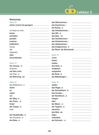 Seite 12
ziehen (nach) (ist gezogen) ..............................
.......................................
ich fasse es nicht .......................................
keiner .......................................
zufrieden .......................................
pendeln .......................................
sowieso .......................................
hoffentlich .......................................
traurig .......................................
alle .......................................
begeistert .......................................
alles .......................................
einverstanden .......................................
Seite 13
der Umzug, e .......................................
studieren .......................................
auf dem Land .......................................
das Paar, -e .......................................
die Wohnung, -en .......................................
Seite 14
das Maklerbüro, -s .......................................
direkt .......................................
an .......................................
neben .......................................
vor .......................................
der Weg, -e .......................................
der Fluss, e .......................................
hinter .......................................
die Treppe, -n .......................................
hoch .......................................
die Hauptstraße, -n .......................................
der Grundriss, -e .......................................
die Diele, -n .......................................
das Wohnzimmer, - .......................................
das Esszimmer, - .......................................
die Küche, -n .......................................
das Arbeitszimmer, - .......................................
das WC, -s .......................................
das Bad, er .......................................
das Schlafzimmer, - .......................................
das Kinderzimmer, - .......................................
das Gästezimmer, - .......................................
das Erdgeschoss, -e .......................................
der Stock, die Stockwerke ................................
Seite 15
vorne .......................................
hinten .......................................
mieten .......................................
das Sofa, -s .......................................
einpacken .......................................
auspacken .......................................
die Kiste, -n .......................................
der Möbelwagen, - .......................................
Seite 16
stellen .......................................
das Regal, -e .......................................
der Schreibtisch, -e .......................................
das Fenster, - .......................................
der Nachttisch, -e .......................................
hängen .......................................
über .......................................
die Wand, e .......................................
der Teppich, -e .......................................
zwischen .......................................
das Bett, -en .......................................
legen .......................................
ordentlich .......................................
der Schrank, e .......................................
-̈
-̈
-̈
-̈
-̈
Lektion 5
Wortschatz
139
22-0248-01
22-0248-01
 