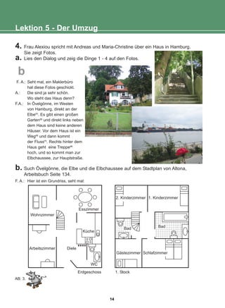 4. Frau Alexiou spricht mit Andreas und Maria-Christine über ein Haus in Hamburg.
Sie zeigt Fotos.
a. Lies den Dialog und zeig die Dinge 1 - 4 auf den Fotos.
b. Such Övelgönne, die Elbe und die Elbchaussee auf dem Stadtplan von Altona,
Arbeitsbuch Seite 134.
Lektion 5 - Der Umzug
F. A.: Hier ist ein Grundriss, seht mal:
AB: 3.
1. Stock
Bad
Bad
Gästezimmer Schlafzimmer
1. Kinderzimmer
2. Kinderzimmer
Wohnzimmer
Arbeitszimmer Diele
WC
Küche
Esszimmer
Erdgeschoss
b
F. A.: Seht mal, ein Maklerbüro
hat diese Fotos geschickt.
A.: Die sind ja sehr schön.
Wo steht das Haus denn?
F.A.: In Övelgönne, im Westen
von Hamburg, direkt an der
Elbe(1)
. Es gibt einen großen
Garten(2)
und direkt links neben
dem Haus sind keine anderen
Häuser. Vor dem Haus ist ein
Weg(3)
und dann kommt
der Fluss(1)
. Rechts hinter dem
Haus geht eine Treppe(4)
hoch, und so kommt man zur
Elbchaussee, zur Hauptstraße.
14
22-0248-01
22-0248-01
 