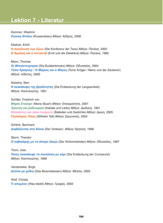 Kaminer, Wladimir
Ñþóéêç Íôßóêï (Russendisko) ÁèÞíá: ÊÝäñïò, 2006
Kästner, Erich
Ç óõíÝëåõóç ôùí æþùí (Die Konferenz der Tiere) ÁèÞíá: ÐáôÜêç, 2002
Ï Áéìßëéïò êáé ï íôåôÝêôéâ (Emil und die Detektive) ÁèÞíá: ÐáôÜêç, 1996
Mann, Thomas
Ïé Ìðïýíôåíìðñïê (Die Buddenbrooks) ÁèÞíá: ÏäõóóÝáò, 2004
Ôüíéï Êñáßãêåñ / Ï ÌÜñéïò êáé ï ÌÜãïò (Tonio Kröger / Mario und der Zauberer)
ÁèÞíá: Éíäßêôïò, 2000
Nadolny, Sten
Ç áíáêÜëõøç ôçò âñáäýôçôáò (Die Entdeckung der Langsamkeit)
ÁèÞíá: Êáóôáíéþôçò, 1991
Schiller, Friedrich von
Ìáñßá Óôïýáñô (Maria Stuart) ÁèÞíá: Åðéêáéñüôçôá, 2001
¸ñùôáò êáé ñáäéïõñãßá (Kabale und Liebe) ÁèÞíá: Äùäþíç, 1991
ÌðáëÜíôåò êáé Üëëá ðïéÞìáôá (Balladen und Gedichte) ÁèÞíá: Äéþíç, 2005
ÃïõëéÝëìïò ÔÝëïò (Wilhelm Tell) ÁèÞíá: ÅñåõíçôÝò, 2004
Schlink, Bernhard
ÄéáâÜæïíôáò óôç ×Üííá (Der Vorleser) ÁèÞíá: KñçôéêÞ, 1999
Storm, Theodor
Ï êáâáëÜñçò ìå ôï Üóðñï Üëïãï (Der Schimmelreiter) ÁèÞíá: ÏäõóóÝáò, 1987
Timm, Uwe
Ðïéïò áíáêÜëõøå ôï ëïõêÜíéêï ìå êÜñé (Die Entdeckung der Currywurst)
ÁèÞíá: Êáóôáíéþôçò, 1998
Vanderbeke, Birgit
Äåßðíï ìå ìýäéá (Das Muschelessen) ÁèÞíá: ÌåëÜíé, 2003
Wolf, Christa
Ôé áðïìÝíåé (Was bleibt) ÁèÞíá: ÃñáöÝò, 2003
Lektion 7 - Literatur
164
22-0248-01
22-0248-01
 