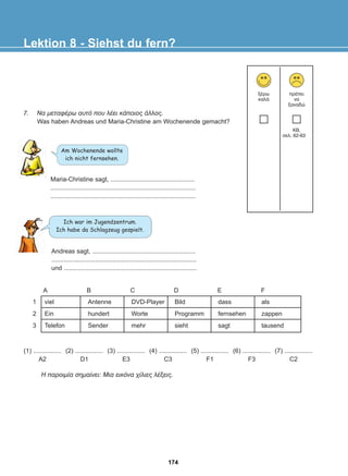7. Íá ìåôáöÝñù áõôü ðïõ ëÝåé êÜðïéïò Üëëïò.
Was haben Andreas und Maria-Christine am Wochenende gemacht?
Lektion 8 - Siehst du fern?
Maria-Christine sagt, ................................................
...................................................................................
...................................................................................
Andreas sagt, ...........................................................
...................................................................................
und ............................................................................
îÝñù
êáëÜ
ðñÝðåé
íá
îáíáäþ
KB,
óåë. 62-63
A B C D E F
1
2
3
viel
Ein
Telefon
Antenne
hundert
Sender
DVD-Player
Worte
mehr
Bild
Programm
sieht
dass
fernsehen
sagt
als
zappen
tausend
(1) ................
A2
(2) ................
D1
(3) ................
E3
(4) ................
C3
(5) ................
F1
(6) ................
F3
(7) ................
C2
Ç ðáñïéìßá óçìáßíåé: Ìéá åéêüíá ÷ßëéåò ëÝîåéò.
Am Wochenende wollte
ich nicht fernsehen.
Ich war im Jugendzentrum.
Ich habe da Schlagzeug gespielt.
174
22-0248-01
22-0248-01
 