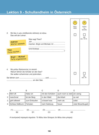 3. Íá ëÝù ôé ìïõ õðïäåéêíýåé êÜðïéïò íá êÜíù.
Das will der Lehrer:
4. Íá ìéëÜù äçëþíïíôáò ôï óêïðü.
Warum fahren die Schüler an den See?
Sie wollen schwimmen und picknicken.
Sie fahren zum ................................................... und ...............
.................................................... an den See.
Lektion 9 - Schullandheim in Österreich
îÝñù
êáëÜ
ðñÝðåé
íá
îáíáäþ
KB,
óåë. 74-75
KB,
óåë. 78
Was sagt Theo?
„Ich ..................................................................
machen. Birgit und Michael, ihr ..……………..
.........................................................................
Und Andreas ...................................................
...................................................................... !“
1
2
3
4
fährt oft
manchmal
geht alleweil
Schloss Hellbrunn
Habe ich
Ist der Berg
zum Einkaufen
Fahrplan
mit den Schülern
in den Wald
a bisserl was
nach Salzburg
auch noch so steil
die Arbeit
mehr als
heuer
ein wenig
so viel
sollst
viele Mozartkugeln
A B C D E
(1) ....................
B2
(2) ....................
D1
(3) ....................
C3
(4) .................................................
A3
H áõóôñéáêÞ ðáñïéìßá óçìáßíåé: Ôï èÝëù ßóïí äýíáìáé (ôï èÝëù ßóïí ìðïñþ)
Theo
Fotos machen
Birgit + Michael
Party organisieren
Andreas
Worter sammeln
:
186
22-0248-01
22-0248-01
 