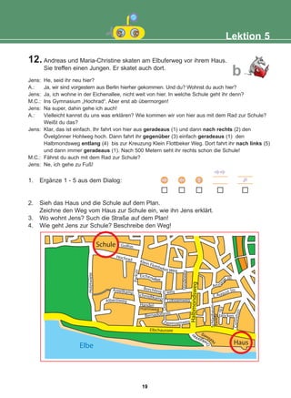 1. Ergänze 1 - 5 aus dem Dialog:
2. Sieh das Haus und die Schule auf dem Plan.
Zeichne den Weg vom Haus zur Schule ein, wie ihn Jens erklärt.
3. Wo wohnt Jens? Such die Straße auf dem Plan!
4. Wie geht Jens zur Schule? Beschreibe den Weg!
Lektion 5
12. Andreas und Maria-Christine skaten am Elbuferweg vor ihrem Haus.
Sie treffen einen Jungen. Er skatet auch dort.
Jens: He, seid ihr neu hier?
A.: Ja, wir sind vorgestern aus Berlin hierher gekommen. Und du? Wohnst du auch hier?
Jens: Ja, ich wohne in der Eichenallee, nicht weit von hier. In welche Schule geht ihr denn?
M.C.: Ins Gymnasium „Hochrad“. Aber erst ab übermorgen!
Jens: Na super, dahin gehe ich auch!
A.: Vielleicht kannst du uns was erklären? Wie kommen wir von hier aus mit dem Rad zur Schule?
Weißt du das?
Jens: Klar, das ist einfach. Ihr fahrt von hier aus geradeaus (1) und dann nach rechts (2) den
Övelgönner Hohlweg hoch. Dann fahrt ihr gegenüber (3) einfach geradeaus (1) den
Halbmondsweg entlang (4) bis zur Kreuzung Klein Flottbeker Weg. Dort fahrt ihr nach links (5)
und dann immer geradeaus (1). Nach 500 Metern seht ihr rechts schon die Schule!
M.C.: Fährst du auch mit dem Rad zur Schule?
Jens: Ne, ich gehe zu Fuß!
b
Hochrad
Elbe
Elbchaussee
Eichenallee
P
a
r
k
s
t
r
Zypressenweg
Schule
Haus
Golfstr.
Borchling weg
Kreetkamp
Albertiweg
Bernadottestr.
Handel-
mannweg
Schmidtkamp Lobsienweg
S
t
i
n
d
e
w
e
g
D
r
o
y
s
e
n
st
r
C
o
r
i
n
t
h
s
t
r
.
E
l
b
-
blöcken
E.August Str.
S
c
hl
a
g
b
au
m
-
t
w
i
e
t
e
H
a
lb
m
o
n
d
s
we
g
H
o
l
z
t
w
i
e
t
e
Klein Flottbeker Weg
Ans
o
r
g
e
str.
Ö
v
e
l
g
ö
n
n
e
r
H
o
h
l
w
e
g
19
22-0248-01
22-0248-01
 