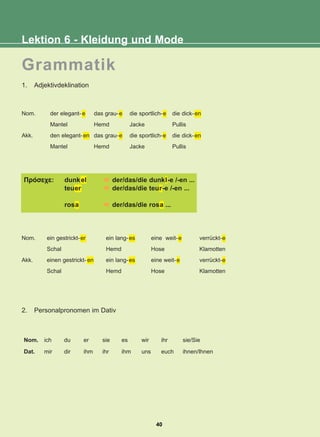 Grammatik
Lektion 6 - Kleidung und Mode
1. Adjektivdeklination
2. Personalpronomen im Dativ
Nom.
Akk.
der elegant- e
Mantel
den elegant-en
Mantel
das grau-e
Hemd
das grau-e
Hemd
die sportlich-e
Jacke
die sportlich-e
Jacke
die dick-en
Pullis
die dick-en
Pullis
Nom.
Akk.
Ðñüóå÷å: dunkel der/das/die dunkl-e /-en ...
teuer der/das/die teur-e /-en ...
rosa der/das/die rosa ...
Nom. ich du er sie es wir ihr sie/Sie
Dat. mir dir ihm ihr ihm uns euch ihnen/Ihnen
ein gestrickt-er
Schal
einen gestrickt- en
Schal
ein lang-es
Hemd
ein lang-es
Hemd
eine weit-e
Hose
eine weit-e
Hose
verrückt-e
Klamotten
verrückt-e
Klamotten
40
22-0248-01
22-0248-01
 