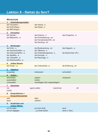 Lektion 8 - Siehst du fern?
1. Unterhaltungsmedien
der Fernseher, -
der DVD-Player, -
der MP3-Player, -
das Handy, -s
das Radio, -s
8. Konjunktionen +
Konjunktionswörter
weil
denn
dass
nämlich
Wortschatz
2. Fernsehen
der Sender, -
der Bildschirm, -e
die Antenne, -n
die Fernbedienung, -en
die Fernsehzeitschrift, -en
die Sendung, -en
das Programm, -e
7. Adverbien
nie
zuerst
(ganz) selten manchmal oft
4. andere Nomen
der Knopf, e der Unterschied, -e die Erfahrung, -en
-̈
5. Adjektive
langweilig interessant schrecklich
9. Ausdrücke und
andere Wörter
ich bin dafür
ich bin dagegen
ein Krimi läuft
...zu Ende sehen
doch
ohne (+ Akk.)
6. Verben
einschalten
ausschalten
umschalten
zappen
nutzen
vorschlagen (hat vorgeschlagen)
verpassen
3. Sendungen
der Krimi, -s
der Zeichentrickfilm, -e
der Dokumentarfilm, -e
der Spielfilm, -e
der Liebesfilm, -e
der Abenteuerfilm, -e
die Musiksendung, -en
die Talkshow, -s
die Unterhaltungsshow, -s
die Komodie, -n
die Reportage, -n
das Magazin, -e
die Nachrichten (Pl.)
68
22-0248-01
22-0248-01
 
