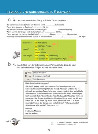 3. Lies noch einmal den Dialog auf Seite 71 und ergänze:
Lektion 9 - Schullandheim in Österreich
c
4. Eine E-Mail von der österreichischen Partnerschule. Lies die Mail
und beantworte die Fragen auf der nächsten Seite.
b
Bis wann müssen die Schüler am Bahnhof sein? ................... halb sechs.
Wann sind sie dann in Salzburg? ................... 14 Uhr.
Bis wann müssen sie das Formular zurückbringen? ..................... nächsten Freitag.
Wann kommt die Gruppe im Schullandheim an? ..................... 16 Uhr.
Wann sammelt der Lehrer das Geld ein? ..................... Montag ..................... Donnerstag.
Wie lange ist die österreichische Schule in Johanneshof? ................... 7. .............. .............. 14. April.
Hallo, liebe Leute in Hamburg!
Wir sind 7 Jungen und 8 Mädchen vom Bundesrealgymnasium in
Schwechat bei Wien! Wir gehen alle in die 5. Klasse(1) und sind 15 - 17
Jahre alt. Vor wenigen Tagen hat unsere Lehrerin erzählt, dass wir bald alle
zusammen im Schullandheim sind. Super! Schon seit vielen Jahren organ-
isiert unsere Schule Klassenfahrten nach Flachau, aber heuer(2) treffen wir
zum ersten Mal Schüler aus Hamburg! In einem Monat geht's los! Wir sind
schon am 7.4. da, einen Tag früher als ihr, denn nach dem 14.4. muss
unsere Lehrerin in der Schule sein, sie hat nämlich Prüfungen. Leider!
Schreibt mal: Wer seid ihr? Was macht ihr?
Bis bald!
Ferdinand, Marianne
und die anderen
AB: 3.
(1) 5. Klasse in Österreich = 9. Klasse in Deutschland
(2) heuer (österr.) = in diesem Jahr
Gymnasium Hochrad
Schullandheim
BRG Schwechat
bis wann?
wann?
wie lange?
bis halb sechs
bis nächsten Freitag
um 14 Uhr
gegen 16 Uhr
von Montag bis Donnerstag.
vom siebten bis zum vierzehnten April.
72
22-0248-01
22-0248-01
 