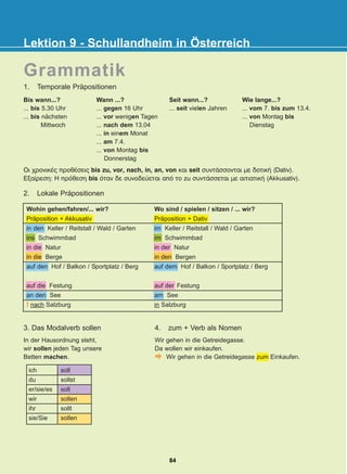 1. Temporale Präpositionen
3. Das Modalverb sollen 4. zum + Verb als Nomen
Lektion 9 - Schullandheim in Österreich
Grammatik
Ïé ÷ñïíéêÝò ðñïèÝóåéò bis zu, vor, nach, in, an, von êáé seit óõíôÜóóïíôáé ìå äïôéêÞ (Dativ).
Åîáßñåóç: H ðñüèåóç bis üôáí äå óõíïäåýåôáé áðü ôï zu óõíôÜóóåôáé ìå áéôéáôéêÞ (Akkusativ).
Bis wann...?
... bis 5.30 Uhr
... bis nächsten
Mittwoch
Wann ...?
... gegen 16 Uhr
... vor wenigen Tagen
... nach dem 13.04
... in einem Monat
... am 7.4.
... von Montag bis
Donnerstag
Seit wann...?
... seit vielen Jahren
Wie lange...?
... vom 7. bis zum 13.4.
... von Montag bis
Dienstag
2. Lokale Präpositionen
Wohin gehen/fahren/... wir?
Präposition + Akkusativ
in den Keller / Reitstall / Wald / Garten
ins Schwimmbad
in die Natur
in die Berge
auf den Hof / Balkon / Sportplatz / Berg
auf die Festung
an den See
! nach Salzburg
Wo sind / spielen / sitzen / ... wir?
Präposition + Dativ
im Keller / Reitstall / Wald / Garten
im Schwimmbad
in der Natur
in den Bergen
auf dem Hof / Balkon / Sportplatz / Berg
auf der Festung
am See
in Salzburg
In der Hausordnung steht,
wir sollen jeden Tag unsere
Betten machen.
ich
du
er/sie/es
wir
ihr
sie/Sie
soll
sollst
soll
sollen
sollt
sollen
Wir gehen in die Getreidegasse.
Da wollen wir einkaufen.
Wir gehen in die Getreidegasse zum Einkaufen.
84
22-0248-01
22-0248-01
 