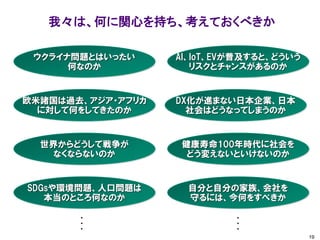我々は、何に関心を持ち、考えておくべきか
19
自分と自分の家族、会社を
守るには、今何をすべきか
健康寿命100年時代に社会を
どう変えないといけないのか
DX化が進まない日本企業、日本
社会はどうなってしまうのか
AI、IoT、EVが普及すると、どういう
リスクとチャンスがあるのか
ウクライナ問題とはいったい
何なのか
欧米諸国は過去、アジア・アフリカ
に対して何をしてきたのか
世界からどうして戦争が
なくならないのか
SDGsや環境問題、人口問題は
本当のところ何なのか
・
・
・
・
・
・
 