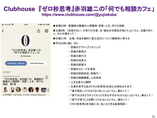 Clubhouse 『ゼロ秒思考』赤羽雄二の「何でも相談カフェ」
https://www.clubhouse.com/@yujiakaba
◆金曜20時： 看護師の職場の人間関係・恋愛・人生、何でも相談
◆土曜9時： 「自信がない、子育てが大変、夫・彼氏の共感性が低くて」という人、克服できた
人、みんな集まって！
◆日曜21時： 企業、社会を劇的に変えるDXについて徹底的に考える
◆平日20時（週2，3日）
・ 究極のアクティブリスニング
・ 究極の質問力
・ 究極の実行力
・ 究極の成長力
・ 究極の経営力
・ 究極のスピード仕事術
・ 究極の即断即決、即実行！
・ 究極の組織構築、人材育成
・ 人生を変えた瞬間
・ 文章の苦手な私が『ゼロ秒思考』を含む24冊を出すまで
・ 「妻が話をしてくれなくなりました」という人、集まって！
・ 「部下の力をどうやってもっと引き出すのかわからない」という人、集まって！
・ 「部下が言うことを聞いてくれないという人、集まって！
・ 『ゼロ秒思考』赤羽雄二の、私にもできる起業相談！
53
 