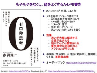 もやもやをなくし、頭をよくするA4メモ書き
⚫ 2013年12月出版、34万部
⚫ メモを毎日10ページ書くだけ
– A4の裏紙を横置きにして
– 4～6行、各20～30字
– 1ページ1分で
– 毎日10～20ページ
– 思いついた時にさっと書く
⚫ 効果
– 迷いが大幅に解消する
– 自信が生まれる
– 頭がどんどん整理される
– 優先順位が明確になる
– アクションが早くなる
⚫ 中国版（簡体字）、台湾版（繁体字）、韓国版、
タイ版、英語版出版
⚫ オーディオブック https://audiobook.jp/product/217999
63
Amazon： https://amzn.to/32Z97cw Facebookグループ： https://www.facebook.com/groups/1493945480872832/
 