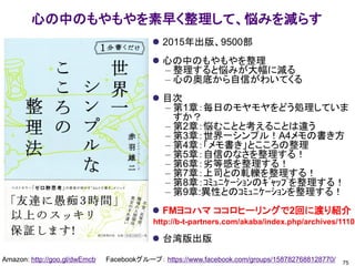 心の中のもやもやを素早く整理して、悩みを減らす
75
Amazon: http://goo.gl/dwEmcb Facebookグループ： https://www.facebook.com/groups/1587827688128770/
⚫ 2015年出版、9500部
⚫ 心の中のもやもやを整理
– 整理すると悩みが大幅に減る
– 心の奥底から自信がわいてくる
⚫ 目次
– 第1章：毎日のモヤモヤをどう処理していま
すか？
– 第2章：悩むことと考えることは違う
– 第3章：世界一シンプル！A4メモの書き方
– 第4章：「メモ書き」とこころの整理
– 第5章：自信のなさを整理する！
– 第6章：劣等感を整理する！
– 第7章：上司との軋轢を整理する！
– 第8章：ｺﾐｭﾆｹｰｼｮﾝのｷﾞｬｯﾌﾟを整理する！
– 第9章:異性とのｺﾐｭﾆｹｰｼｮﾝを整理する！
⚫ FMヨコハマ ココロヒーリングで2回に渡り紹介
⚫ 台湾版出版
http://b-t-partners.com/akaba/index.php/archives/1110
 