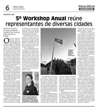 6              terça-feira
                  22 de maio de 2012
                                                                                                                                                   Diário Oficial
                                                                                                                                                    GUARUJÁ
bandeira azul


        5º Workshop Anual reúne
    representantes de diversas cidades
Destinos turísticos                  de sábado (19), a coordenadora                                                                               conquista do selo em seis praias
                                     esteve no Núcleo de Educação                                                                                 daquela região, uma delas é a
de vários brasileiros                Ambiental, a fim de tirar dúvidas                                                                            Praia do Francês”, encerrou.
estiveram em Guarujá                 tanto dos participantes do evento,                                                                                A engenheira florestal que
para conhecer a                      quanto do público em geral.                                                                                  atua na gerência de unidade de
                                         Cidades de grande renome                                                                                 conservação da Secretaria de
Cidade                               nacional e destino turístico de                                                                              Meio Ambiente da Prefeitura do



O
             Instituto Ambiental     milhares de brasileiros como                                                                                 Rio de Janeiro, Ana Gabriela Oli-
             Ratones, órgão res-     Rio de Janeiro, Angra dos Reis,                                                                              veira do Carmo, salientou: “acho
             ponsável e que repre-   Saquarema, Ubatuba, Marechal                                                                                 muito interessante a questão das
             senta a Bandeira Azul   Deodoro e Japaratinga em Ala-                                                                                praias terem qualidade e balnea-
no Brasil, realizou o 5º Workshop    goas estiveram no evento para                                                                                bilidade e estou muito interessa-
Anual do Programa Bandeira           reunir informações sobre a certi-                                                                            da no programa Bandeira Azul.
Azul para os representantes das      ficação socioambiental.                                                                                      Aproveitando a oportunidade do
praias e marinas, membros do             “Esse workshop sempre acon-                                                                              workshop, vim aqui representando
júri nacional e parceiros oficiais   tece antes da entrega da docu-                                                             Guarujá foi       a secretaria e buscar as informa-
do selo internacional. O evento      mentação para a renovação ou                                                               escolhida         ções necessárias para começar a
foi realizado no Núcleo de In-       candidatura de alguma cidade                                                               porque é a        aplicar na Prainha e candidatá-la
                                                                                                                                única praia
                                                                          Fotos Pedro Rezende




formação e Educação Ambiental        para a Bandeira Azul, com o                                                                Bandeira          para a obtenção do selo de quali-
Paulo Tendas, na Praia do Tom-       intuito de sanar dúvidas para                                                              Azul do Brasil    dade socioambiental”.
bo, na última sexta-feira (18). A    que não haja erros dos candi-                                                                                    O secretário de Turismo de
ação teve como principal finali-     datos de uma forma geral, em                                                                                 Marechal Deodoro, em Alago-
dade esclarecer dúvidas sobre os     relação à escolha da Cidade, por                                                                             as, Hebert Araújo, comentou o
critérios, como também auxiliar      questões obvias do selo interna-                                                                             evento: “Viemos para conhecer
na preparação da documentação        cional, fizemos o encontro aqui                                                                              a Cidade e saber como funciona
para solicitar a certificação para   para que os candidatos possam                                                                                o programa Bandeira Azul. À
a temporada 2012/2013.               ver in loco uma praia Bandeira                                                                               convite da secretária do Estado
    Em seu discurso, a secretária    Azul e poderem ter uma maior                                                                                 de Alagoas, nós viemos para
municipal de Turismo reforçou        absorção das informações”,                                                                                   Guarujá aprender como se proce-
a importância e a conquista do       explicou Leana.                                                                                              de na obtenção do selo Bandeira
selo. “A Cidade mostra que tem                                                                                                                    Azul para o nosso município.
competência e não mede esforços                                                                                                                   A Praia do Francês é uma das
para manter a Bandeira Azul.                                                                                                                      candidatas em nossa região para
Nós conseguimos mostrar que                                                                                                                       a certificação ambiental”.
somos capazes e deixamos o lega-                                              Para finalizar, a coordenado-    enche de orgulho. Isso mostra          Outro detalhe curioso no
do para o Brasil conquistar mais                                          ra salientou: “Todas as cidades      que toda a equipe do Núcleo        evento foi a participação da
certificações como esta”.                                                 aqui presentes reúnem os que-        como as secretarias envolvidas     Marina Costabella de Angra dos
    Leana Bernandi, coorde-                                               sitos que são necessários para a     Meio Ambiente, Educação, De-       Reis, a única marina Bandeira
nadora nacional do Programa,                                              certificação ambiental. Nossas       senvolvimento e Gestão Urbana      Azul do Brasil. A coordenadora
lembrou que o workshop cumpre                                             conversas foram boas e espero        e Turismo estão alinhadas. No      administrativa financeira Maria
a agenda da certificadora do Ban-                                         que mais cidades conquistem o        que tange à manutenção e preser-   Rilmar Oliveira Lima contou
deira Azul (FEE Internacional),                                           selo para que o Brasil possa cres-   vação da Praia do Tombo, hoje      para os presentes os desafios que
o qual são necessárias reuniões                                           cer e enaltecer seu nome, através    somos considerados um modelo       a marina encontrou e a gratifi-
dessa natureza pelo menos uma                                             de suas praias Bandeira Azul e o     de gestão para o Bandeira Azul     cação que é hoje ter a Bandeira
vez por ano, reunindo todos os                                            destino turístico dos estrangeiros   no Brasil”.                        Azul. “É muito gratificante ver
candidatos entre praias e marinas                                         seja o nosso País”.                      Seu destaque ficou por conta   o fruto do trabalho aparecendo,
para a conquista da certificação                                              A coordenadora do Núcleo de      dos municípios que vieram a        nós fizemos um trabalho de
em seus respectivos lugares.                                              Informação Ambiental da Praia        Guarujá e enxergaram na Praia      formiguinha e hoje, de forma
    Guarujá foi escolhida porque     “Fizemos o encontro aqui para        do Tombo, a professora Heloísa       do Tombo a oportunidade de         organizada, conseguimos reno-
é a única praia Bandeira Azul        que os candidatos possam ver in      Prado Pinto, ficou satisfeita com    ver a Bandeira hasteada em suas    var e mantemos nossa bandeira
                                     loco uma praia Bandeira Azul e
do Brasil e o evento teve cunho      poderem ter uma maior absorção
                                                                          o resultado positivo e comentou      cidades. “O interessante, no       na temporada 2011/2012, nosso
técnico, não aberto ao público,      das informações”, Leana Bernardi,    o evento. “Para começar, a es-       caso de Alagoas, é que o Estado    movimento aumentou em 40%
na sexta. No entanto, na manhã       coordenadora nacional do Programa    colha da Praia do Tombo já nos       esta apoiando as cidades para a    depois da certificação”.
 