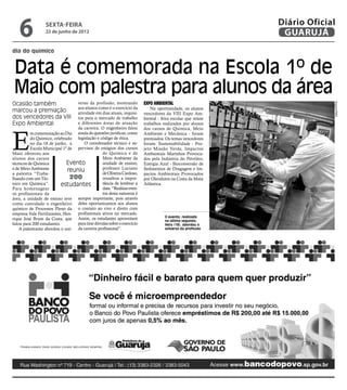 6              sexta-feira
                  22 de junho de 2012
                                                                                                             Diário Oficial
                                                                                                              GUARUJÁ
dia do químico


Data é comemorada na Escola 1º de
Maio com palestra para alunos da área
Ocasião também                    verso da profissão, mostrando          Expo Ambiental




                                                                                                                          Arquivo/PMG
                                  aos alunos como é o exercício da           Na oportunidade, os alunos
marcou a premiação                atividade em dias atuais, requisi-     vencedores da VIII Expo Am-
dos vencedores da VIII            tos para o mercado de trabalho         biental - feira escolar que reúne
Expo Ambiental                    e diferentes áreas de atuação          trabalhos realizados por alunos
                                  da carreira. O engenheiro falou



E
                                                                         dos cursos de Química, Meio
          m comemoração ao Dia ainda de questões jurídicas, como         Ambiente e Mecânica - foram
          do Químico, celebrado legislação e código de ética.            premiados. Os temas vencedores
          no dia 18 de junho, a       O coordenador técnico e su-        foram: Sustentabilidade - Pro-
          Escola Municipal 1º de pervisor de estágios dos cursos         jeto Missão Verde, Impactos
Maio ofereceu aos                                de Química e de         Ambientais Marinhos Provoca-
alunos dos cursos                                Meio Ambiente da        dos pela Indústria do Petróleo,
técnicos de Química          Evento              unidade de ensino,      Energia Azul - Bioconversão de
e de Meio Ambiente                               professor Luciano       Sedimentos de Dragagem e Im-
                              reuniu             de Oliveira Cardoso,
a palestra “Traba-                                                       pactos Ambientais Provocados
lhando com um Téc-             200               ressaltou a impor-      por Oleodutos na Costa da Mata
nico em Química”.          estudantes            tância de lembrar a     Atlântica.
Para homenagear                                  data. “Realizar even-
os profissionais da                              tos desta natureza é
área, a unidade de ensino teve sempre importante, pois através
como convidado o engenheiro deles oportunizamos aos alunos
químico de Processos Pleno da o contato ao vivo e direto com
empresa Vale Fertilizantes, Hen- profissionais ativos no mercado.
                                                                                    O evento, realizado
rique José Brum da Costa, que Assim, os estudantes aproveitam                       na última segunda-
falou para 200 estudantes.        para tirar dúvidas sobre o exercício              feira (18), abordou o
    A palestrante abordou o uni- da carreira profissional”.                         universo da profissão
 