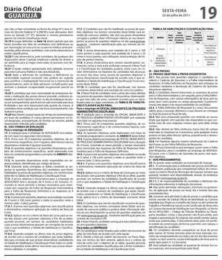 Diário Oficial
 GUARUJÁ
                                                                                                                                                     sextA-feiRA
                                                                                                                                                     22 de julho de 2011
                                                                                                                                                                                                        19
ção, não se fizer constatada na forma do artigo 4º e seus in-     17.7. O Candidato que não for habilitado na prova de ques-               tABeLA de HABiLitAÇÃo e CLAssifiCAÇÃo finAL
cisos do Decreto Federal nº 3.298/99 e suas alterações, bem       tões objetivas, nos termos constantes deste Edital, será ex-                                           vagas                Quant. de
como na Súmula 377 STJ, devendo o mesmo permanecer                cluído do concurso público, não terá sua prova dissertativa                                 Quant. reservadas
                                                                                                                                                                                   Cadastro
                                                                                                                                                                                             Candidatos
                                                                                                                                                                                                                  formas de
apenas na Lista de Classificação Geral.                           corrigida e poderá obter informação relativa ao seu desem-         Cód.      empReGo       total de para pessoas          que comporão
                                                                                                                                                                                   Reserva                        Avaliação
                                                                                                                                                              vagas portadoras de           a Classificação
16.19 As vagas definidas no item 16 deste Capítulo que não        penho na prova de questões objetivas no site www.guaruja.                                            deficiência               final
forem providas por falta de candidatos com deficiência ou         sp.gov.br , mediante identificação pelo seu número de ins-                                                                                  Prova Objetiva de
por reprovação no concurso ou na perícia médica serão pre-        crição e CPF.                                                                                                                                Conhecimentos
                                                                                                                                      01     ADVOGADO          5           1           15          20
enchidas pelos demais candidatos, com estrita observância à       17.8. A prova dissertativa será avaliada de 0 (zero) a 100                                                                                    Específicos e
ordem classificatória.                                            (cem) pontos e cada questão será avaliada de 0 (zero) a 25                                                                                  Prova Dissertativa
16.20 A não observância, pelo candidato, de qualquer das          (vinte e cinco) pontos, sem utilização, nesta avaliação, de fra-              OFICIAL
                                                                                                                                                                                                              Prova Objetiva de
                                                                                                                                             SINDICANTE E
disposições deste Capítulo implicará a perda do direito a         ções de pontos inteiros.                                            02     DE PROCESSO       09          1           41          50
                                                                                                                                                                                                               Conhecimentos
ser admitido para as vagas reservadas às pessoas com de-          17.9. A prova dissertativa terá caráter classificatório, en-                                                                                    Básicos e
                                                                                                                                            ADMINISTRATIVO
                                                                                                                                                                                                                 Específicos
ficiência.                                                        tretanto, como a nota a ela atribuída comporá a Nota Final                  DISCIPLINAR
16.21 O laudo médico apresentado terá validade somente            e a Classificação do candidato, poderá, neste caso, ter ca-
para este Concurso Público e não será devolvido.                  ráter eliminatório na hipótese do candidato não alcançar,          iv – dAs pRovAs
16.22 Após a admissão do candidato, a deficiência ou              na soma das duas notas (prova de questões objetivas e              22. pRovAs oBJetivAs e pRovA disseRtAtivA
necessidade especial existente não poderá ser argüida             prova dissertativa) classificação de acordo com o que es-          22.1. Nas provas com questões objetivas o candidato re-
para justificar a readaptação funcional ou a concessão de         tabelece a Tabela de Habilitação e Classificação Final cons-       ceberá o Caderno de Questões e a Folha intermediária de
aposentadoria, salvo se dela advierem complicações que            tante deste Edital.                                                Respostas. A Folha Definitiva de Respostas será entregue ao
venham a produzir incapacidade ocupacional parcial ou             17.10. O Candidato que não for classificado, nos termos            candidato mediante a devolução do Caderno de Questões
total.                                                            constantes deste Edital, será excluído do concurso público.        das provas objetivas.
16.23 A candidata que tiver necessidade de amamentar du-          18. A Nota Final do candidato será a soma das notas obtidas        22.2. O candidato deverá transcrever as respostas da prova
rante a realização das provas deverá proceder conforme es-        nas provas de questões objetivas e dissertativa, observando-       para a Folha Intermediária e, em seguida, para a Folha Defini-
tabelecido neste Capítulo e levar no dia da realização da pro-    se que este valor de soma, somente ocorrerá para os classi-        tiva de Respostas, com caneta esferográfica de tinta azul ou
va um acompanhante, que ficará em sala reservada para essa        ficados para as vagas constantes da tABeLA de HABiLitA-            preta, bem como assinar no campo apropriado. O preenchi-
finalidade e que será responsável pela guarda da criança. A       ÇÃo e CLAssifiCAÇÃo finAL.                                         mento dos dados é de responsabilidade do candidato.
candidata nesta condição que não levar acompanhante, não          para o emprego de ofiCiAL sindiCAnte e de pRoCesso                 22.3. A Folha Definitiva de Respostas é o único documento
realizará a prova.                                                AdministRAtivo disCipLinAR                                         válido para a correção eletrônica e que deverá ser entregue
16.24 Não haverá compensação do tempo de amamentação              19. A avaliação para o emprego de OFICIAL SINDICANTE E             no final da prova ao fiscal de sala.
em favor da candidata. A criança deverá permanecer em lo-         DE PROCESSO ADMINISTRATIVO DISCIPLINAR será realizada              22.4. Não será computada questão com emenda ou rasura,
cal designado, acompanhado de familiar ou terceiro, adulto        com base no seguinte instrumento:                                  ainda que legível, nem questão não respondida ou que con-
responsável, indicado pela candidata.                             19.1. Prova com 50 (cinqüenta) questões objetivas, de co-          tenha mais de uma resposta, mesmo que uma delas esteja
iii - dAs foRmAs de AvALiAÇÃo                                     nhecimentos específicos e de conhecimentos básicos, com            correta.
para o emprego de AdvoGAdo                                        4 (quatro) alternativas.                                           22.5. Não deverá ser feita nenhuma marca fora do campo
17. A avaliação para o emprego de ADVOGADO será realiza-          19.2. As questões objetivas serão elaboradas com base no           reservado às respostas ou à assinatura, pois qualquer marca
da com base nos seguintes instrumentos:                           conteúdo programático constante do Anexo v deste Edital.           poderá ser lida pelas leitoras ópticas, prejudicando o desem-
17.1. Prova com 50 (cinqüenta) questões objetivas, de co-         19.3. A prova objetiva ao emprego de OFICIAL SINDICANTE E          penho do candidato.
nhecimentos específicos, com 4 (quatro) alternativas e prova      DE PROCESSO ADMINISTRATIVO DISCIPLINAR terá a duração              22.6. Em hipótese alguma, haverá substituição do Caderno
dissertativa contendo 4 (quatro) questões.                        de 4 horas, incluindo-se nesse período o tempo necessário          das Provas ou da Folha Definitiva de Respostas.
17.2. As questões objetivas e as questões dissertativas, tam-     para transcrição das respostas da Folha de Respostas Inter-        22.7. A Prova Dissertativa será entregue, assim como a Folha
bém de conhecimentos específicos, serão elaboradas com            mediária para a Folha de Respostas Definitiva.                     para Respostas, para o candidato ao emprego de ADVOGA-
base no conteúdo programático constante do Anexo v des-           19.4. A prova com questões objetivas será avaliada na escala       DO junto com o Caderno de Questões da prova com ques-
te Edital.                                                        de 0 (zero) a 100 (cem) pontos e todas as questões terão o         tões objetivas.
17.3. As questões dissertativas serão respondidas em im-          mesmo valor: 2 (dois) pontos.                                      v – dos pRoCedimentos
presso próprio, identificado por código de barras.                19.4.1. A prova com questões objetivas será classificatória        23. As provas serão realizadas no município de Guarujá.
17.4. Somente serão corrigidas as folhas contendo as res-         e eliminatória, mediante aplicação do critério de Nota de          23.1. A convocação para a realização das provas será efetua-
postas às questões dissertativas dos candidatos que forem         Corte.                                                             da mediante publicação dos competentes Editais de Convo-
habilitados na prova de questões objetivas, em número esta-       19.4.2. Aplicar-se-á o critério de Nota de Corte para as notas     cação no Diário Oficial do Município de Guarujá. Sempre que
belecido na Tabela de Habilitação e Classificação Final.          das provas com questões objetivas a fim de se obter, quando        possível, também será disponibilizado através do endereço
17.5. A prova objetiva e dissertativa para o emprego de           possível, um número de candidatos classificados de acordo          eletrônico www.guaruja.sp.gov.br .
ADVOGADO terá a duração de 4 horas e 30 minutos, in-              com o que estabelece a Tabela de Habilitação e Classificação       23.1.1. É de responsabilidade do candidato a obtenção das
cluindo-se nesse período o tempo necessário para trans-           Final.                                                             informações referentes à realização das provas.
crição das respostas da Folha de Respostas Intermediária          19.4.3. Havendo empate na última nota da prova objetiva,           24. Não serão admitidas solicitações, anteriores ou posterio-
para a Folha de Respostas Definitiva e as respostas às 4          de acordo com o número de candidatos que serão classifi-           res, de aplicação de provas em local, dia e horário fora dos
questões dissertativas.                                           cados, estabelecido na Tabela de Habilitação e Classificação       preestabelecidos.
17.6. A prova com questões objetivas será avaliada na escala      Final, aplicar-se-á o critério de desempate constante deste        25. Somente será admitido à sala de provas o candidato que
de 0 (zero) a 100 (cem) pontos e todas as questões terão o        Edital.                                                            estiver munido de Cédula Oficial de Identidade ou Carteira
mesmo valor: 2 (dois) pontos.                                     19.5. O Candidato que não for classificado na prova de ques-       expedida por Órgão ou Conselho de Classe ou de Carteira de
17.6.1. A prova com questões objetivas será classificatória       tões objetivas, nos termos constantes deste Edital, será ex-       Trabalho e Previdência Social ou de Certificado de Reservista
e eliminatória, mediante aplicação do critério de Nota de         cluído do concurso público e poderá obter informação rela-         ou Carteira Nacional de Habilitação com fotografia, na forma
Corte.                                                            tiva ao seu desempenho na prova de questões objetivas no           da Lei 9053/2007 – Código de Trânsito Brasileiro ou Passa-
17.6.2. Aplicar-se-á o critério de Nota de Corte para as no-      site www.guaruja.sp.gov.br , mediante identificação pelo seu       porte brasileiro. Como o documento não ficará retido, será
tas das provas com questões objetivas a fim de se obter,          número de inscrição e CPF.                                         exigida a apresentação do original, não sendo aceitas cópias,
quando possível, um número de candidatos habilitados              20. A Nota Final do candidato será igual à nota obtida na pro-     ainda que autenticadas. O documento deve estar em perfei-
cujas provas dissertativas possam ser corrigidas de acordo        va com questões objetivas.                                         to estado de conservação, de forma a permitir, com clareza, a
com o que estabelece a Tabela de Habilitação e Classifica-        para todos os empReGos                                             identificação do candidato.
ção Final.                                                        21. Os candidatos serão listados pela ordem decrescente do         26. Os candidatos deverão comparecer ao local da prova
17.6.3. Havendo empate na última nota da prova objetiva,          valor da nota final, de acordo com cada opção.                     pelo menos 30 (trinta) minutos antes da hora marcada, mu-
de acordo com o número de candidatos que serão habilita-          21.1. Obtida a lista por ordem decrescente, na Prova Obje-         nidos de comprovante de inscrição e de um dos documentos
dos para correção de suas provas dissertativas estabelecido       tiva, nos termos do item anterior, aplicar-se-á o critério de      citados no item anterior, caneta esferográfica de tinta azul ou
na Tabela de Habilitação e Classificação Final, todos os candi-   nota de corte com o objetivo de se obter, quando possível,         preta, lápis preto n° 2 e borracha.
datos empatados nesta última nota terão suas provas disser-       uma lista de candidatos classificados até o limite estabeleci-     27. Será vedado ao candidato se ausentar do recinto. Em ca-
tativas validadas e corrigidas.                                   do na Tabela de Habilitação e de Classificação Final.              sos especiais, será acompanhado pelo fiscal.
 