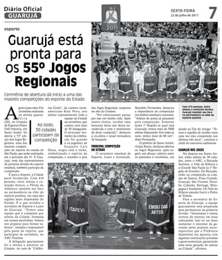 Diário Oficial
 GUARUJÁ
                                                                                                                               sextA-feiRA
                                                                                                                               22 de julho de 2011
                                                                                                                                                              7
esporte




                                                                                                                                                                       Fotos Luiz Moreaux
Guarujá está
 pronta para
os 55º jogos
  Regionais
Cerimônia de abertura dá início a uma das
maiores competições do esporte do Estado



A
            gora é para valer. Em nia Gurls”, da cantora norte-   dos Jogos Regionais, suspensa    Benedito Fernandes, destacou         Com 410 pessoas, entre
                                                                                                                                        atletas e comissão técnica,
            cerimônia realizada americana Katy Perry, seis        no alto do Ginásio.              a importância da competição          Guarujá mantém seu foco
            na última quarta- atletas representaram toda a           “Foi emocionante passar       em âmbito estadual e nacional.       na permanência na elite do
            feira                             equipe da Cidade    por isso em minha vida. Após     “Atletas de ponta já passaram        esporte paulista
(20), no Ginásio                              na cerimônia, que   tantos títulos, receber uma      pela competição. Somente
de Esportes Pedro            Ao todo,         contou com mais     honraria desta nos deixa en-     nesta 1ª Região (a qual está
Dell’Antonia, em           30 cidades         de 30 delegações.   vaidecida e com o sentimento     Guarujá), temos mais de 5800      alusão ao Dia do Amigo. “Te-
Santo André, foi                              O principal mo-     de dever cumprido”, destacou     atletas disputando. Em todas as   mos o orgulho de receber mais
aberta a 55ª edi-       participam da mento da celebra-           a ex-atleta e atual treinadora   nove, temos mais de 60 mil”,      uma vez esta competição nos
ção dos Jogos Re-         competição          ção foi quando      de basquete.                     disse Fernandes.                  últimos três anos”, concluiu o
gionais, uma das                              a ex-jogadora de                                         O prefeito de Santo André,    chefe do executivo andreense.
maiores competi-                              basquete Laís       PrinciPal comPetição             Aidan Ravin, declarou abertos
ções do esporte do estado de Elena, surgiu com a tocha,           do estado                        os Jogos Regionais, após su-      Guarujá nos joGos
São Paulo, que serão realizados simbolizando o espírito da           O secretário estadual de      gerir um abraço coletivo entre       Na disputa em Santo An-
até o próximo dia 31. E Gua- competição, e acendeu a pira         Esporte, Lazer e Juventude,      os presentes à cerimônia, em      dré, estão atletas de 30 cida-
rujá, uma das representantes                                                                                                         des, entre o ABC, a Baixada
da primeira divisão do esporte                                                                                                       Santista, o Vale do Ribeira e
estadual, também participa da                                                                                                        a Grande São Paulo (a 1ª Re-
competição.                                                                                                                          gião do Estado). Da Baixada,
    E para a disputa, a Cidade                                                                                                       estão na competição as cida-
parte fortalecida. Com 410                                                                                                           des de Santos, Praia Grande,
pessoas, entre atletas e co-                                                                                                         Guarujá, São Vicente, Peruí-
missão técnica, a Pérola do                                                                                                          be, Cubatão, Bertioga, Mon-
Atlântico mantém seu foco                                                                                                            gaguá e Itanhaém. Do Vale do
na permanência na elite do                                                                                                           Ribeiro estarão Itariri e Pedro
esporte paulista, em uma das                                                                                                         de Toledo.
regiões mais disputadas do                                                                                                              Para o secretário de Es-
Estado. É o que acredita o                                                                                                           porte de Guarujá, a equipe
secretário de Esporte e Lazer                                                                                                        guarujaense está preparada
de Guar ujá. “Temos uma                                                                                                              para permanecer na primeira
equipe que é composta por                                                                                                            divisão. “Investimos e temos
atletas da Cidade, formada                                                                                                           certeza do retorno em boas
em nossas escolinhas. Vamos                                                                                                          colocações. Isso só vai fazer
nos preparar para formar ta-                                                                                                         aumentar o interesse da ga-
lentos”, ressalta o responsável                                                                                                      rotada pelos projetos socio-
pela pasta de esporte, que                                                                                                           esportivos que a Prefeitura
participou da cerimônia, no                                                                                                          desenvolve em parceria com
ABC Paulista.                                                                                                                        algumas instituições privadas
    A delegação guarujaense                                                                                                          e governamentais, garantindo
foi a sétima a adentrar ao                                                                                                           uma nova geração de atletas
Ginásio. Ao som de “Califor-                                                                                                         na Cidade”, afirmou.
 