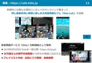 提案：https://cafe.kiite.jp 11
物理的には異なる場所にいる人々がオンラインで集まって
同じ楽曲を同じ瞬間に楽しめる音楽発掘カフェ「Kiite Cafe」を提案
 2019年8月30日にKiiteを一般公開（https:...