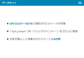 データセット 56
 2017/2/21～10/10に投稿されたツイートが対象
「”lyric jumper” OR “リリックジャンパー”」をクエリに使用
 分析対象として収集されたツイートは429件
 