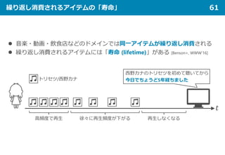 繰り返し消費されるアイテムの「寿命」 61
 音楽・動画・飲食店などのドメインでは同一アイテムが繰り返し消費される
 繰り返し消費されるアイテムには「寿命 (lifetime)」がある [Benson+, WWW’16]
𝑡𝑡
トリセツ/西野カナ
高頻度で再生 徐々に再生頻度が下がる 再生しなくなる
西野カナのトリセツを初めて聴いてから
今日でちょうど5年経ちました
 