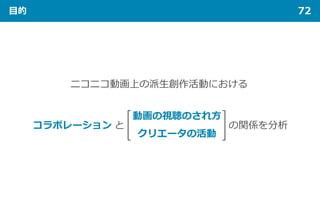 目的 72
ニコニコ動画上の派生創作活動における
動画の視聴のされ方
クリエータの活動
コラボレーション と の関係を分析
 