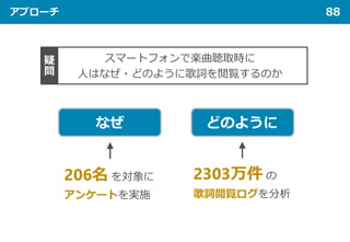 アプローチ 88
疑
問
スマートフォンで楽曲聴取時に
人はなぜ・どのように歌詞を閲覧するのか
なぜ どのように
206名 を対象に
アンケートを実施
2303万件 の
歌詞閲覧ログを分析
 