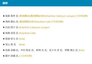 謝辞
 後藤 真孝 氏 (再消費ER/歌詞閲覧分析/Kiite/Kiite Cafe/Lyric Jumper/コラボ分析)
 濱崎 雅弘 氏 (歌詞閲覧分析/Kiite/Kiite Cafe/コラボ分析)
 石田 啓介 氏 (Kiite/Kiite Cafe/Lyric Jumper)
 高橋 卓見 氏 (Kiite/Kiite Cafe)
 渡邉 研斗 氏 (Kiite)
 深山 覚 氏 (Kiite)
 佐藤 浩輔 氏、中村 聡史 氏、新岡 光 氏、佐々木 渉 氏、伊藤 博之 氏 (Kiite)
 廣中 詩織 氏 (コラボ分析)
 