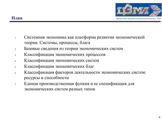 План                                              Центральный экономико-математический институт РАН




 1.    Системная экономика как платформа развития экономической
       теории. Системы, процессы, блага
 2.    Базовые сведения из теории экономических систем
 3.    Классификация экономических процессов
 4.    Классификация экономических систем
 5.    Классификация экономических благ
 6.    Классификация факторов деятельности экономических систем:
       ресурсы и способности
 7.    Единая производственная функия и ее спецификация для
       экономических систем разных типов




                                                                                                4
 