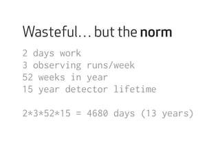 Wasteful… but the norm 
2 days work 
3 observing runs/week 
52 weeks in year 
15 year detector lifetime 
2*3*52*15 = 4680 days (13 years) 
 