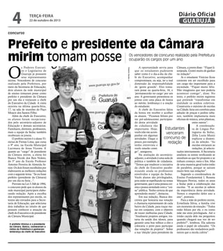 4

Diário Oficial
GUARUJÁ

terça-feira

22 de outubro de 2013

concurso

Prefeito e presidente da Câmara
mirim tomam posse

Os vencedores de concurso realizado pela Prefeitura
ocuparão os cargos por um ano

O prefeito Vinícius e a presidente
da Câmara, Bianca, conheceram a
rotina da Prefeitura e ganharam
lembrança da chefe do Executivo

Roberto Sander Jr.

O

s Poderes Executivo e Legislativo de
Guarujá já possuem
seus representantes
mirins. Vencedores de concurso
realizado pela Prefeitura, por
meio da Secretaria de Educação,
dois alunos da rede municipal
de ensino tomaram posse como
prefeito e presidente da Câmara
por um dia e visitaram a chefe
do Executivo da Cidade. A visita
ocorreu na última quarta-feira,
17, na sala de reuniões do Paço
Moacir dos Santos Filho.
Além da chefe do Executivo,
os alunos foram recepcionados pelo secretário-adjunto de
Educação e demais secretários.
Familiares, diretores, professores,
mais a equipe da Seduc também
receberam os jovens.
O prefeito mirim é o aluno Vinícius de Freitas Lima, que cursa
o 9º ano, na Escola Municipal
Lucimara de Jesus Vicente. E
quanto ao “cargo” de presidente
da Câmara mirim, a eleita foi
Bianca Nicole dos Reis Noleto,
do 5º ano da Escola Professor
Antonio Ferreira de Almeida Júnior. Os dois foram escolhidos por
elaborarem as melhores redações
com o seguinte tema: “Se eu fosse
prefeito (presidente da Câmara)
por um dia eu faria...”.
Previsto na Lei 3.348 de 1994,
o concurso pede que os alunos da
rede municipal participem elaborando redação. Após a escolha
dos representantes por escola, os
textos são enviados para a Secretaria de Educação, que seleciona
dois trabalhos no intuito de que
possam conhecer a atuação da
chefe do Executivo e do presidente
da Câmara Municipal.

A oportunidade serviu para Câmara, a jovem disse: “Fiquei lique os estudantes pudessem sonjeada. Gostei muito de ganhar
saber como é o dia-a-dia da che- na redação”.
Já o estudante Vinícius ficou
fe do Executivo, acompanhar
compromissos, ou seja, ter a real contente em ser escolhido para
dimensão da responsabilidade um cargo tão importante para a
de ‘gente grande’. Eles toma- sociedade. “Fiquei muito feliz.
ram posse na quarta-feira, 16, e Não imaginava que isso poderia
‘permanecerão no cargo’ por um acontecer comigo”, disse. No
ano. A governante presenteou os texto, o prefeito mirim registrou
jovens com uma placa de honra que pretende “transformar em
ao mérito, lembrança e a oração realidade os sonhos coletivos.
Construiria o máximo de escolas
do estudante.
A chefe do Executivo falou na Cidade; faria um convênio para
da honra em receber e acolher adoção de praças e jardins urbaos alunos. “Ficamos felizes por nos; também implantaria mais
ver pré-adolescentes participan- oficinas de música, artes plásticas,
entre outros”.
do desta atividade
A coordenadode cidadania tão
Estudantes
ra de Língua Porimportante. Hoje,
tuguesa da Seduc,
vocês irão me acomvenceram
Zélia Luzia Muniz
panhar em algumas
concurso de
explicou a dinâmiatividades. Daqui a
ca da seleção. “As
pouco, por exemplo,
redação
escolas enviaram as
tenho entrevista e
redações, já seleciovocês estarão cominados internamente. A Secretaria
go”, assegurou.
Na avaliação do secretário- analisou os textos verificando se
adjunto, a atividade é uma aula de atendiam ao que foi proposto e se
política e também de cidadania. tinham começo, meio e fim. Mas
“Temos que enaltecer a iniciativa de uma maneira geral todos estão
da chefe do Executivo parabe- de parabéns, porque se saíram
nizando ainda os professores muito bem nas redações”.
Segundo a coordenadora de
envolvidos e equipe da Seduc.
Vocês alunos são privilegiados, Ensino Fundamental I, Rosana
pois estão se espelhando na nossa Marques Pereira, todos os anos
governante, que é uma pessoa cor- a Seduc pede a colaboração das
reta e possui seriedade com a “coi- escolas. “E as escolas já sabem
sa” pública. Tenho certeza de que da importância desta atividade.
Vemos o empenho deles ano a
aprenderão muito”, destacou.
Em sua redação, Bianca des- ano”, pontuou.
Para a mãe do prefeito mirim,
creveu que honraria sua votação
e chamaria representante de cada Ermelinda Silvia, a família vive
bairro da Cidade, para traçar me- um momento de emoção. “Todos
tas em conjunto, com o objetivo estão felizes por ele, e eu como
de trazer melhorias para Cidade. mãe me sinto privilegiada. Até o
“Analisaria projetos antigos; tra- irmão caçula dele me perguntou
taria da saúde dos idosos, para quando chegará sua vez de ser
garantir uma boa velhice a eles e prefeito?”, lembrou. Ela salienta
colocaria o povo para participar ainda o papel do educador. “Os
das votações de projetos”. Sobre professores são verdadeiros jardia sua ‘eleição’ para presidente da neiros que a escola cultiva”.

 
