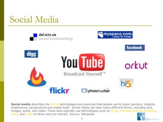 Social Media Social media  describes the  online  technologies and practices that people use to share opinions, insights, experiences, perspectives and media itself.  Social media can take many different forms, including text, images, audio, and video. These sites typically use technologies such as  blogs ,  message boards ,  podcasts ,  wikis , and  vlogs  to allow users to interact. Source: Wikipedia 