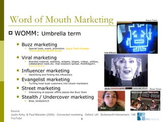 Word of Mouth Marketing WOMM:  Umbrella term Buzz marketing   Special hook, event, promotion.  Aqua   Teen   Hunger  Force Boston Bomb Scare Viral marketing Branded material, websites, widgets, bligets, videos, utilities, collaboration tools etc. that sneezers spread. ParkRidge47,  Vote Different   Influencer marketing Identifying and finding the influencers Evangelist marketing Turning most loyal customers into citizen marketers Street marketing Interacting at popular offline places like Buzz Oven Stealth / Undercover marketing Bree, lonelyGirl15 Source: Justin Kirby, & Paul Marsden (2006).  Connected marketing .  Oxford, UK:  Butterworth-Heinemann. 198 YouTube Aqua Teen Buzz Oven Bree 