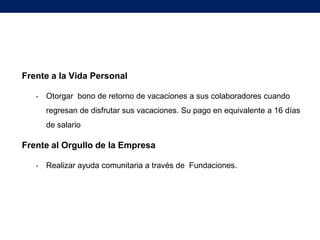 Frente a la Vida Personal
•

Otorgar bono de retorno de vacaciones a sus colaboradores cuando
regresan de disfrutar sus vacaciones. Su pago en equivalente a 16 días
de salario

Frente al Orgullo de la Empresa
•

Realizar ayuda comunitaria a través de Fundaciones.

 