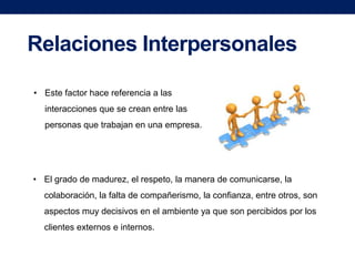 Relaciones Interpersonales
• Este factor hace referencia a las
interacciones que se crean entre las
personas que trabajan en una empresa.

• El grado de madurez, el respeto, la manera de comunicarse, la

colaboración, la falta de compañerismo, la confianza, entre otros, son
aspectos muy decisivos en el ambiente ya que son percibidos por los
clientes externos e internos.

 