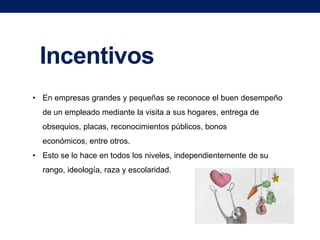 Incentivos
• En empresas grandes y pequeñas se reconoce el buen desempeño
de un empleado mediante la visita a sus hogares, entrega de
obsequios, placas, reconocimientos públicos, bonos

económicos, entre otros.
• Esto se lo hace en todos los niveles, independientemente de su
rango, ideología, raza y escolaridad.

 