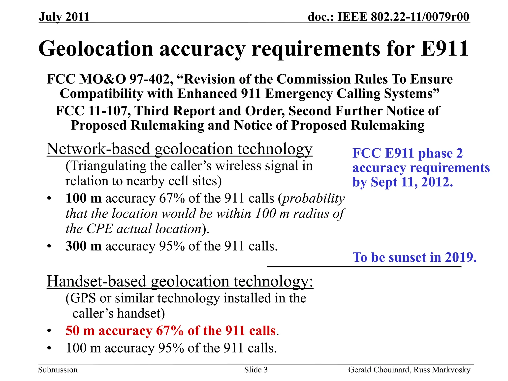 doc.: IEEE 802.22-11/0079r00
Submission
July 2011
Gerald Chouinard, Russ Markvosky
Slide 3
Geolocation accuracy requirements for E911
Network-based geolocation technology
(Triangulating the caller’s wireless signal in
relation to nearby cell sites)
• 100 m accuracy 67% of the 911 calls (probability
that the location would be within 100 m radius of
the CPE actual location).
• 300 m accuracy 95% of the 911 calls.
Handset-based geolocation technology:
(GPS or similar technology installed in the
caller’s handset)
• 50 m accuracy 67% of the 911 calls.
• 100 m accuracy 95% of the 911 calls.
FCC E911 phase 2
accuracy requirements
by Sept 11, 2012.
To be sunset in 2019.
FCC MO&O 97-402, “Revision of the Commission Rules To Ensure
Compatibility with Enhanced 911 Emergency Calling Systems”
FCC 11-107, Third Report and Order, Second Further Notice of
Proposed Rulemaking and Notice of Proposed Rulemaking
 
