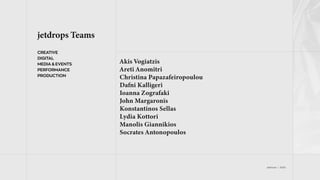 jetdrops | 2022
jetdrops Teams
CREATIVE
DIGITAL
MEDIA & EVENTS
PERFORMANCE
PRODUCTION
Akis Vogiatzis
Areti Anomitri
Christina Papazafeiropoulou
Dafni Kalligeri
Ioanna Zografaki
John Margaronis
Konstantinos Sellas
Lydia Kottori
Manolis Giannikios
Socrates Antonopoulos
 