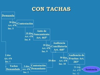 CON TACHASCON TACHAS
Demanda
Contestación
Auto de
Saneamiento
Art. 465°
30 días
Art. 478
Inc. 5
10 días
Art. 478
Inc. 8
Audiencia
Conciliatoria
Art. 468°
20 días
Art. 478
Inc. 9
Audiencia de
Pruebas Art.
203°
50 días
Art. 478
Inc. 10
50 días
Art. 478
Inc. 12
Sentencia
Tachas
Demandado
5 días
Art. 478
Inc. 1
Contestación
Demandante
5 días
Art. 478
Inc. 2
20 días
 