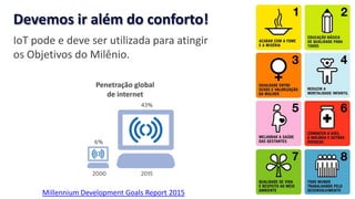 Devemos ir além do conforto!
IoT pode e deve ser utilizada para atingir
os Objetivos do Milênio.
Millennium Development Goals Report 2015
Penetração global
de internet
 