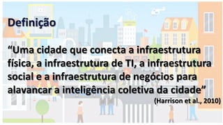 Definição
“Uma cidade que conecta a infraestrutura
física, a infraestrutura de TI, a infraestrutura
social e a infraestrutura de negócios para
alavancar a inteligência coletiva da cidade”
(Harrison et al., 2010)
 