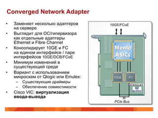 Converged Network Adapter
•    Заменяет несколько адаптеров      10GE/FCoE
     на сервере
•    Выглядит для ОС/гипервизора
     как отдельные адаптеры
     Ethernet и Fibre Channel
•    Консолидирует 10GE и FC
     на едином интерфейсе / паре
     интерфейсов 10GE/DCB/FCoE
•    Минимум изменений в
     существующей среде
•    Вариант с использованием
     микросхем от Qlogic или Emulex:    10GE       FC
     –  Существующие драйверы
     –  Обеспечение совместимости
•    Cisco VIC: виртуализация
     ввода-вывода
                                         PCIe Bus
 