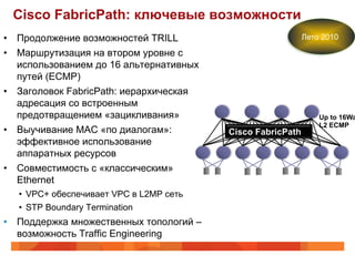 Cisco FabricPath: ключевые возможности
•  Продолжение возможностей TRILL                           Лето 2010

•  Маршрутизация на втором уровне с
   использованием до 16 альтернативных
   путей (ECMP)
•  Заголовок FabricPath: иерархическая
   адресация со встроенным
   предотвращением «зацикливания»                               Up to 16Wa
                                                                L2 ECMP
•  Выучивание MAC «по диалогам»:         Cisco FabricPath
   эффективное использование
   аппаратных ресурсов
•  Совместимость с «классическим»
   Ethernet
  •  VPC+ обеспечивает VPC в L2MP сеть
  •  STP Boundary Termination
•  Поддержка множественных топологий –
   возможность Traffic Engineering
 