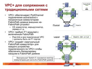 S3                              FabricPath
VPC+ для сопряжения с                                                   L1          L2

традиционными сетями                                            F1
                                                                             VPC+
                                                                                          F1
                                                                                                           CE


                                                           S1        F1              F1        S2
•    VPC+ обеспечивает PortChannel
     подключения active/active к                                   F1                     F1
     пограничным коммутаторам
     FabricPath домена внешних не-                                            po3

     FabricPath устройст                             Physical                                  Host A
     –  CE коммутатор, маршрутизатор,
        сервер и т.д.
•    VPC+ требует F1 модулей с
     включенным FabricPath
     –  Peer-link и все подключения VPC                  Logical        S3                 Host A→S4→L1,L2
        + должнгы быть на F1 портах                                     L1          L2

•    VPC+ создаёт «виртуальный                                  F1                        F1
                                                                             VPC+
     FabricPath коммутатор» для
     каждого устройства                                    S1        F1              F1        S2
     подключенного по VPC+-чтобы                                   F1                     F1
     обеспечить балансировку
     нагрузки в FabricPath домене
                                                                        S4
            Виртуальный “Switch 4” становится next-hop
         коммутатором для хоста A в FabricPath домене
                                                                              po3

                                                                                               Host A
 