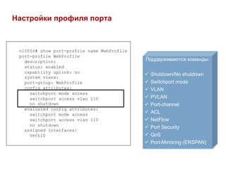 Настройки профиля порта



 n1000v# show port-profile name WebProfile
 port-profile WebProfile
   description:                              Поддерживаются команды:
   status: enabled
   capability uplink: no
                                             ü  Shutdown/No shutdown
   system vlans:
   port-group: WebProfile                    ü  Switchport mode
   config attributes:                        ü  VLAN
     switchport mode access
     switchport access vlan 110              ü  PVLAN
     no shutdown                             ü  Port-channel
   evaluated config attributes:
     switchport mode access                  ü  ACL
     switchport access vlan 110              ü  NetFlow
     no shutdown
                                             ü  Port Security
   assigned interfaces:
     Veth10                                  ü  QoS
                                             ü  Port-Mirroring (ERSPAN)
 